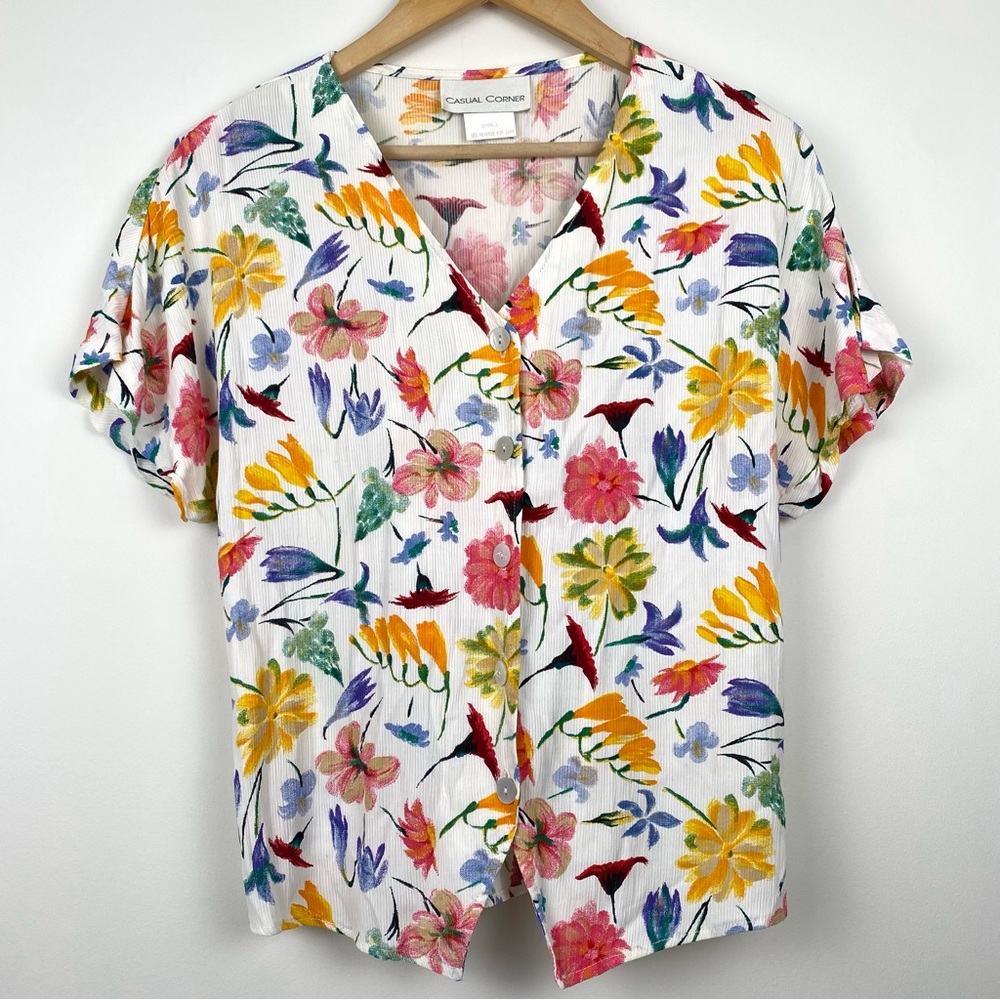 Vintage Casual Corner Floral Shirt Blouse Button Front V Neck S Small